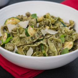 Edamame and mung bean pesto fettuccini