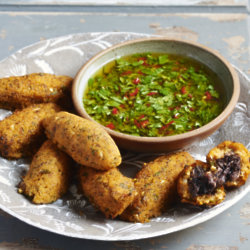 Kubbet Batata Helweh (Sweet Potato Kubbeh with Green Herby Salsa)