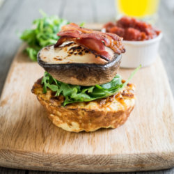 Portobello Mushroom and Potato Cake with Bacon Stack topped with Tomato Relish & Mozzarella