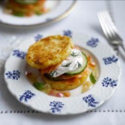 Potato Pikelets, Smoked Salmon & Creme Fraiche with Shallot Sauce