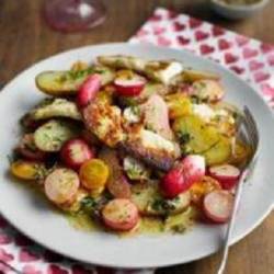 Radish, halloumi and potato salad with a mustard and dill dressing