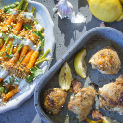 Lemon and Thyme Chicken with Steamed Carrots with Spiced Yoghurt and Garlic Breadcrumbs