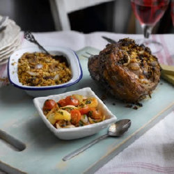 Roasted Leg of Lamb with a Shallot and Chorizo Stuffing served with a Spiced Shallot and Cherry Tomato Sauce