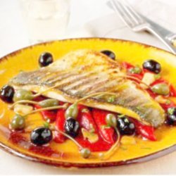 Pan-fried sea bass with Spanish olives, piquillo peppers and dry Sherry