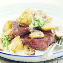 Roast sirloin of beef with creamy sauté Jersey Royals, mushrooms and baby spinach