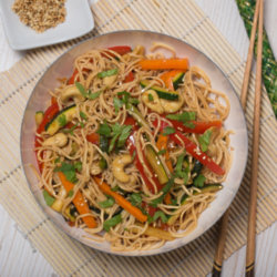 Soybean spaghetti with stir fried chilli vegetables