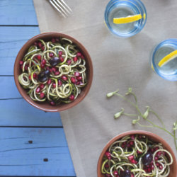 Raw Pasta Salad with Olive and Pomegranate Dressing