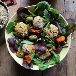 Superfood salad with homemade sweet potato falafels