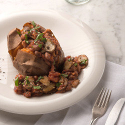 Baked sweet potato and borlotti bean stew